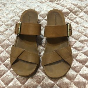 Chocolat Blu Tan Slip on Wedges with Buckle